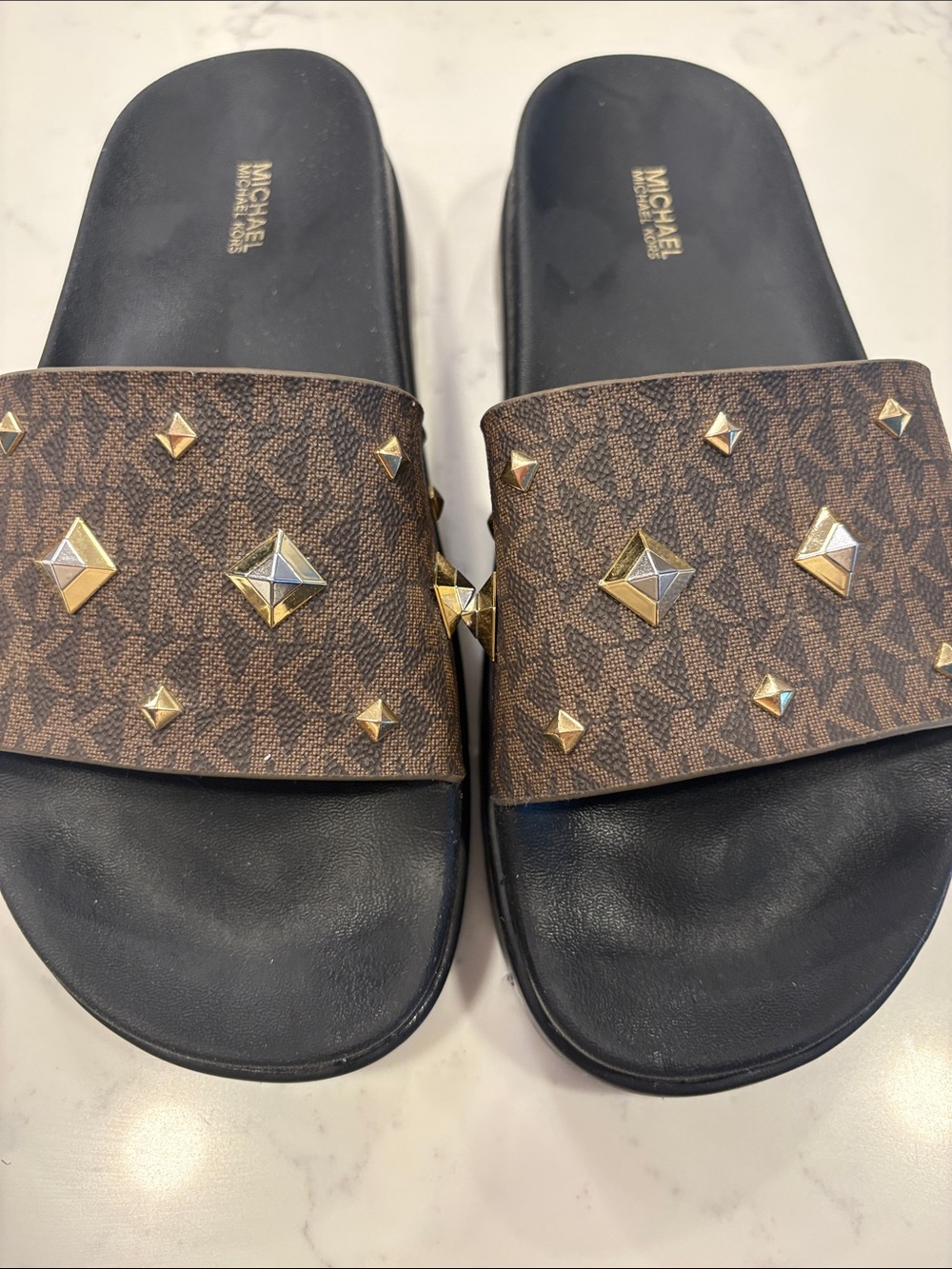 Michael Kors Brown and Black Logo Stud Slide Sandals